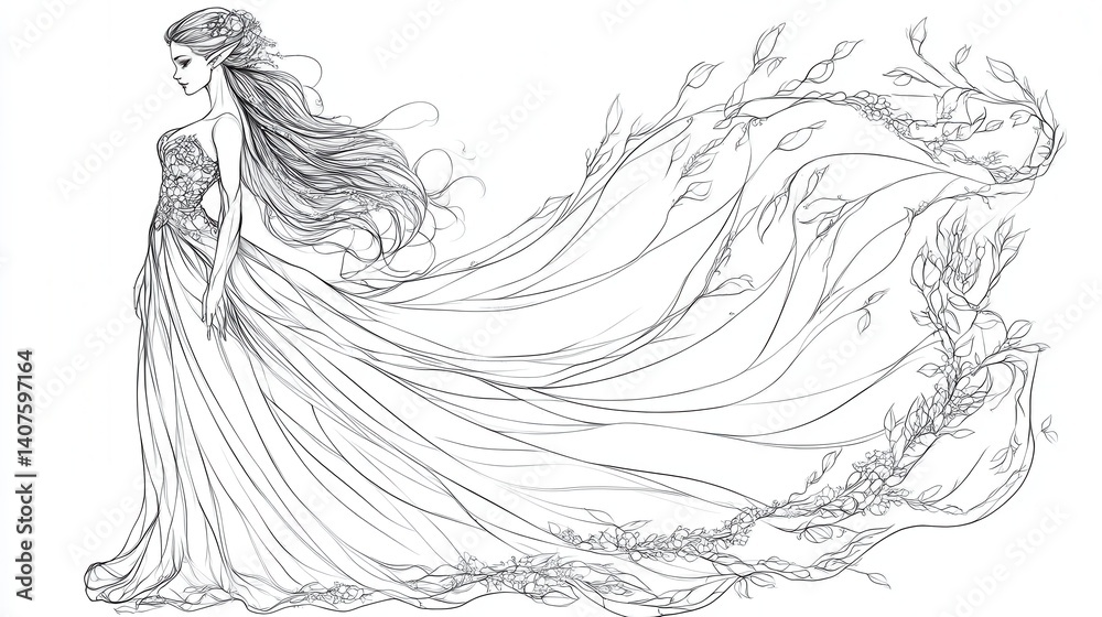Fototapeta premium A line drawing of a woman in a flowing gown against a large sun, surrounded by flowers, conveying grace and beauty.
