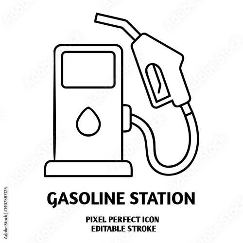 Gasoline station editable stroke outline icon isolated on white background flat vector illustration, black outline, Pixel perfect