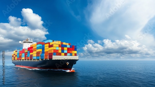 Realistic maritime shipping with cargo ship full of colorful containers on cloudy sea