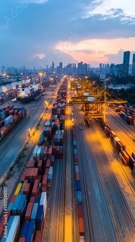Aerial view of container cargo ship navigating through shipping lane, global logistics theme