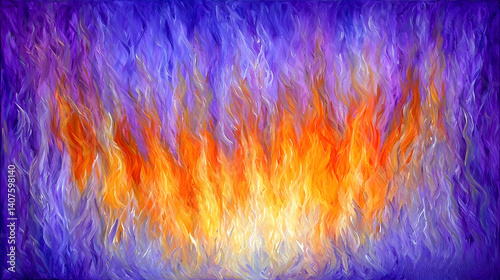 Abstract fiery flames painting, vibrant orange and purple hues, energy and power, ideal for spiritual or fantasy themes