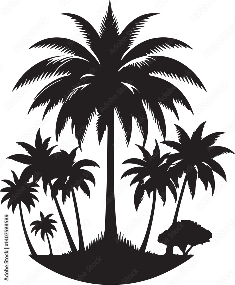 Fototapeta premium Palm trees silhouette, Tropical palm tree silhouettes on a beach at sunset