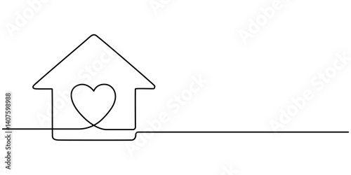 Home Sweet Home Continuous Line Icon, Heart inside house continuous one line drawn. Love home concept. Vector illustration isolated on white, Home Sweet Home Continuous Line Icon, Home with heart line