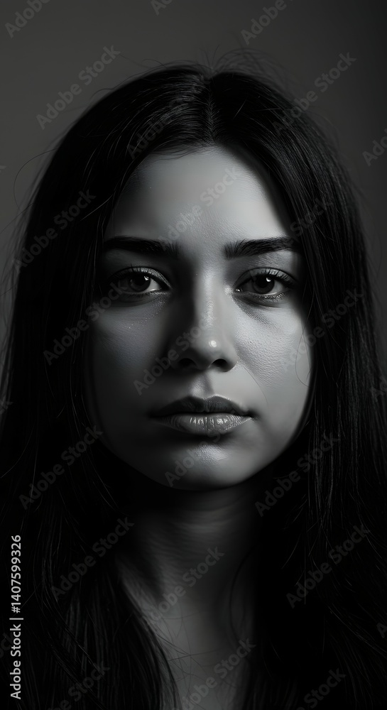 Pensive Sad Female Portrait in Black and White with Intense Emotional Expression. Pensive Sad Female Portrait in Black and White with Intense Emotional Expression.