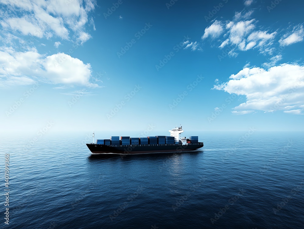 Obraz premium Industrial cargo ship with containers cruising under bright sky, freight logistics concept