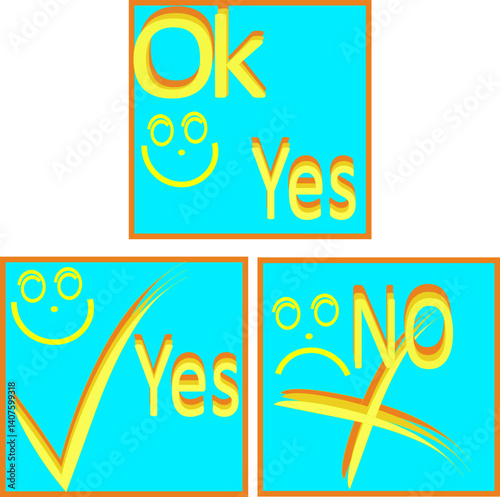 No text and cross and a checkmark with yes correct text  and a checkmark with yes and ok text, all in light blue squared backgrounds, colourful vector drawing with smiley faces sad and happy.svg