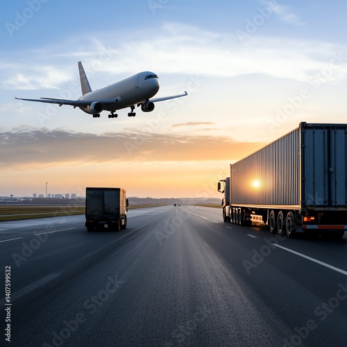 Logistics vehicle convoy approaching air freight jet on secure airport tarmac