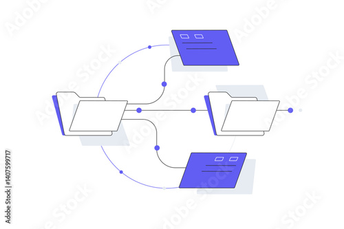File system hierarchy,  Folders and files. Flowchart connecting documents to a central system ending with verified documents. Document management, digital workflows, data organization. Flat Cartoon 