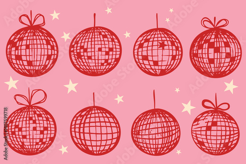Hand drawn disco ball doodle in trendy style vector doodle icon glittering with stars. Ideal for wedding, graduation party design templates. 