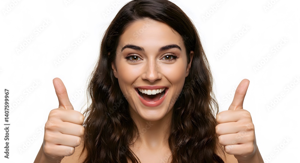 Cheerful Hispanic Woman Giving Double Thumbs Up on White Background Cheerful Hispanic Woman Giving Double Thumbs Up on White Background