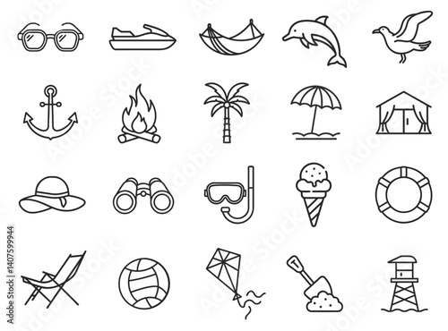 Beach icons set, outline style. vector. editable