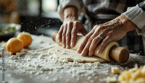 Hands Gently Rolling Dough With A Wooden Rolling Pin In A Cozy Kitchen Surrounded By Fresh Ingredients And A Warm Ambiance photo