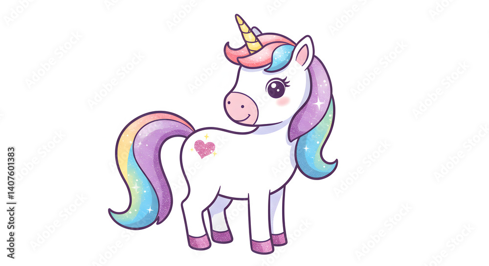 Fototapeta premium Magical Unicorn Illustration: A whimsical and charming illustration of a unicorn with a flowing rainbow mane and tail, shimmering with glitter and a cute heart on its flank.