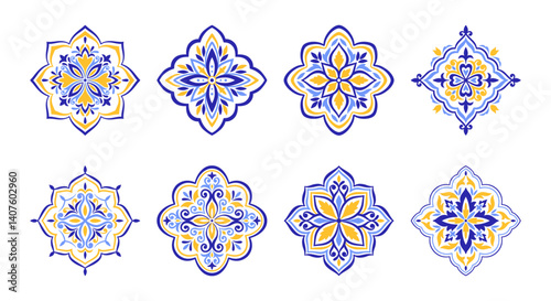 Mediterranean blue yellow pattern set. Floral ethnic motifs for tile design. Spanish, Portuguese, or Moroccan traditional ornaments. Vector illustration.