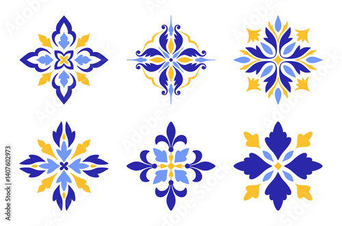 Mediterranean patterns set. Floral mosaic design, blue yellow traditional motifs on a white background. Geometric ethnic ornament for ceramic. Vector illustration