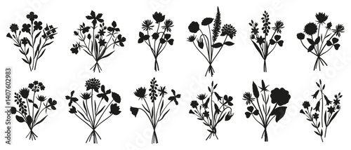 Wildflower bouquet silhouettes set. Different meadow flowers, herbs, and wild plants. Botanical elements for design projects. Minimal style, vector illustration
