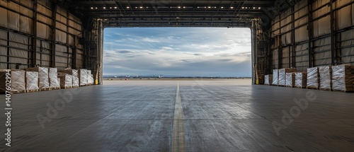 Airplane cargo bay open with freight pallets being secured by logistic crew