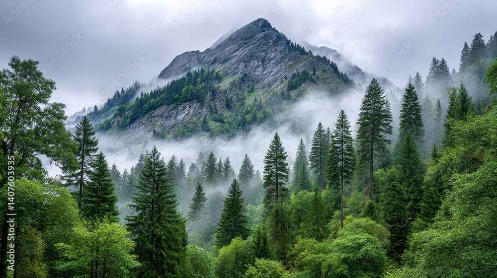 Obraz premium Misty Mountain Peak and Evergreen Forest Landscape