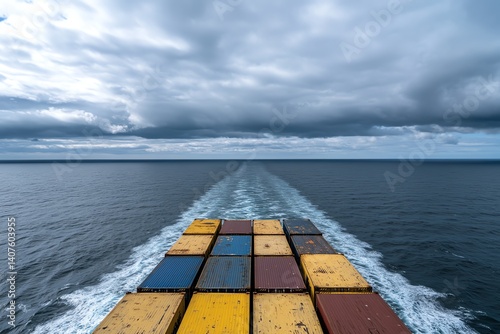 Huge cargo vessel at sea with vibrant container stacks, overcast sky shipping journey