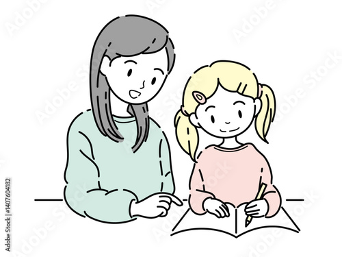 勉強を教えるお母さんと女の子のイラスト