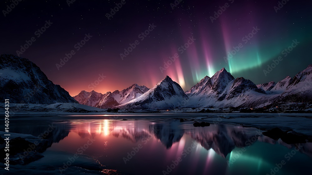 Epic aurora borealis over snowy landscape with mountain reflection arctic sky dreamy night long exposure photography Epic aurora borealis over snowy landscape with mountain reflection arctic sky dreamy night long exposure photography