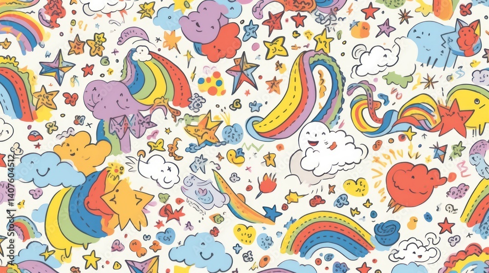 Fototapeta premium Colorful Rainbow and Cloud Doodle Seamless Pattern Design for Background