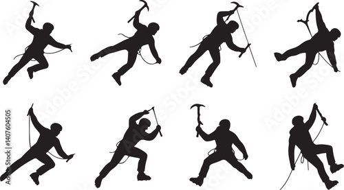 Illustration of ice climbers Silhouette vector in various action poses with gear adventure, mountaineering, and extreme sports