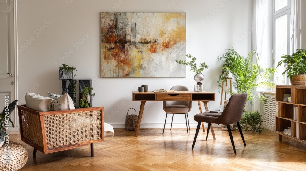 Modern home office with wooden furniture and plants. Modern home office with wooden furniture and plants.