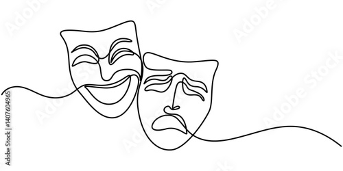 Greek mask one line drawing, opera event symbols continuous hand drawn, One continuous line illustration of a woman's masquerade mask, isolated on white background, Theater Sign Line Icon Editable .
