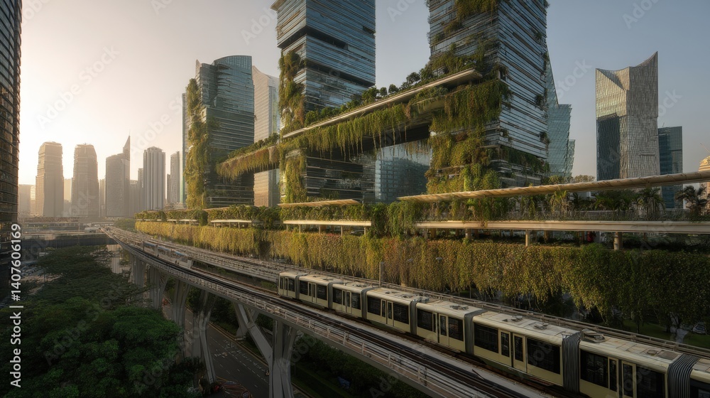 Fototapeta premium Eco-Friendly Vertical Gardens on Modern Skyscrapers with Solar Panels and Green Skybridges, Electric Tram Commuting Below in Golden Hour Sustainable Cityscape