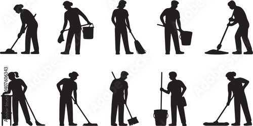 Cleaning crew silhouette set, workers with mop, broom, and vacuum, black and white, commercial cleaning concept