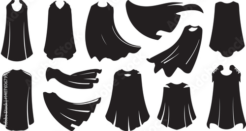 Superhero flair and dynamic motion silhouette set, flying poses, capes, and action scenes vector style