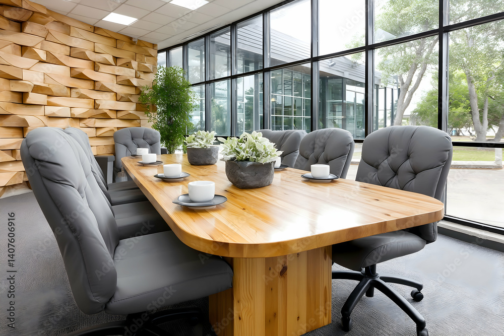 Modern conference room with large windows, wooden table, gray chairs, and an acoustic wall Modern conference room with large windows, wooden table, gray chairs, and an acoustic wall