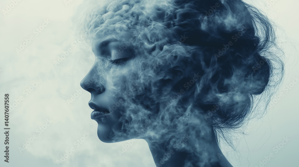 Woman's profile surrounded by swirling smoke, creating an ethereal atmosphere in a minimalist setting at dawn Woman's profile surrounded by swirling smoke, creating an ethereal atmosphere in a minimalist setting at dawn