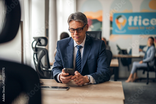 Professional Businessman Using Smartphone in a Modern Office Setting