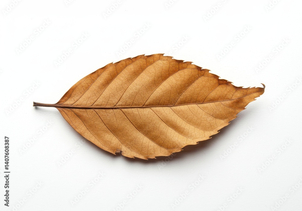 A single dried leaf with brown color and visible veins isolated on a white background surface studio shot A single dried leaf with brown color and visible veins isolated on a white background surface studio shot