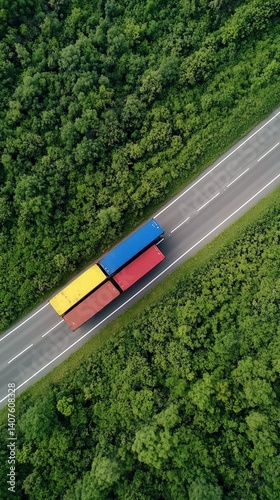 Aerial view of container cargo ship navigating through shipping lane, global logistics theme
