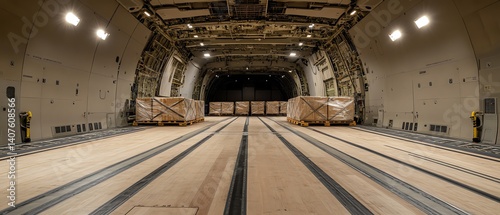 Airplane cargo bay open with freight pallets being secured by logistic crew
