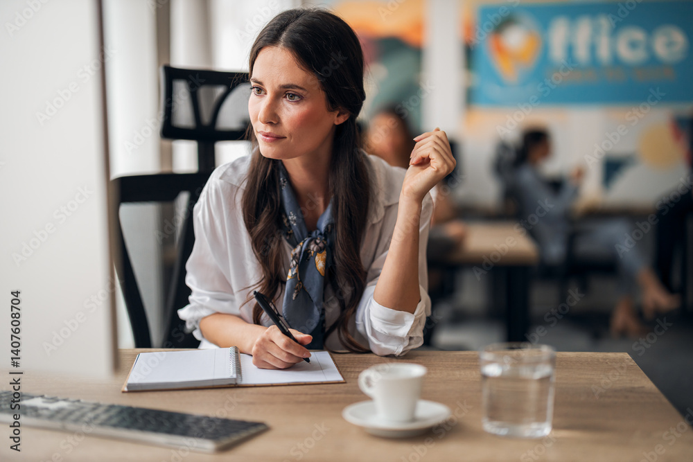 Thoughtful Businesswoman Writing Notes in a Modern Office Setting