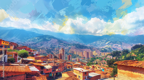 artistic illustration of Medellín, Colombia, capturing the vibrant essence of the city and its surroundings.
