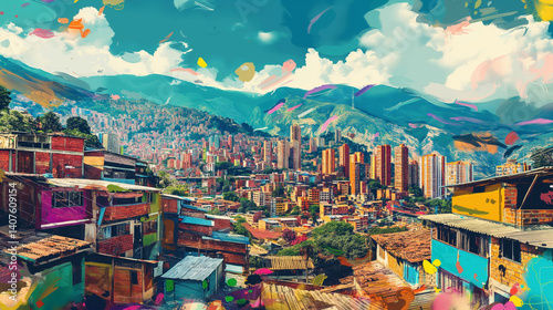 artistic illustration of Medellín, Colombia, capturing the vibrant essence of the city and its surroundings.