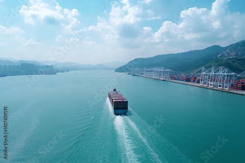 Drone shot of cargo ship entering port with cranes and containers, maritime transportation