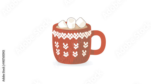 Cozy Red Mug with Hot Chocolate and Marshmallows in Cute Winter Pattern Illustration Vector Art Design