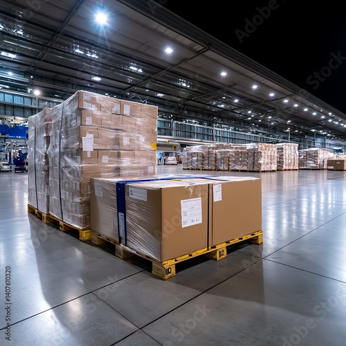 Modern airport with air cargo warehouse, pallets being prepared for flight