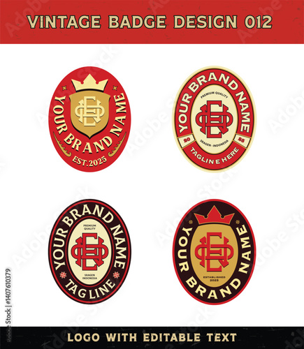 Vintage badge logo design template with a monogram and the text editable for clothing and apparel
