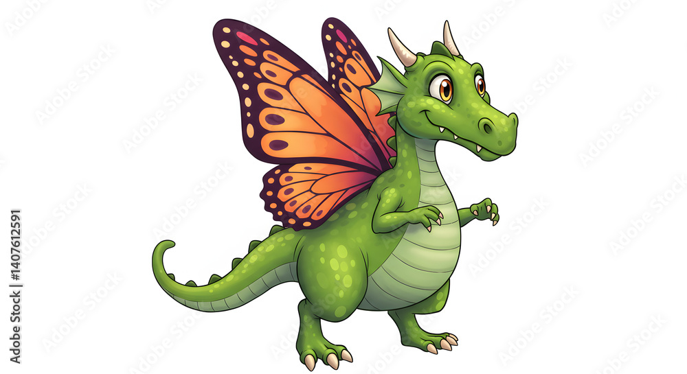 Fototapeta premium Whimsical Dragon with Butterfly Wings: A charming and enchanting illustration of a green dragon, adorned with vibrant butterfly wings, exuding playfulness and fantasy.