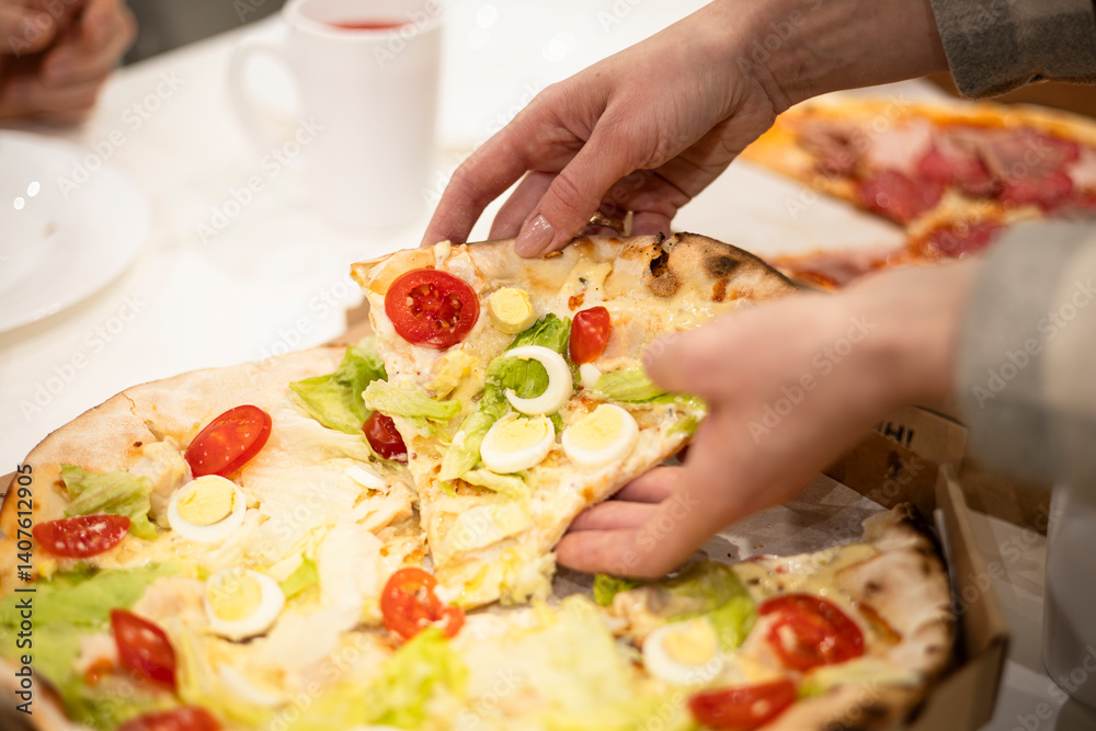 Female hands taking sliced Caesar pizza with cheese and chicken. Female hands taking sliced Caesar pizza with cheese and chicken.