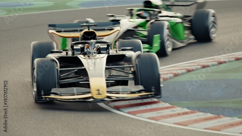 Wallpaper Mural Camera zooms in and follows the leading race car driving around curve. Dynamic tracking shot. Multiple race cars. 3d animation rendering. Generic car design. New 2025 black and gold race car design Torontodigital.ca