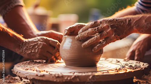 close up of hands and potter's wheel in the process of creating a pot. teacher gives master class to adult student
