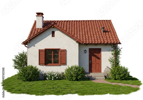 Wallpaper Mural Small house with red tile roof white walls and brown trim on a green lawn isolated on white background Torontodigital.ca